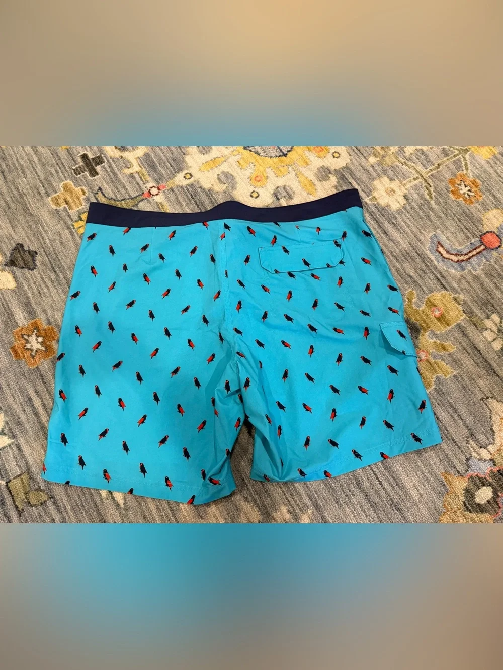 Duluth Trading Co. Men's Bull Moose parrot print board shorts in blue size 46